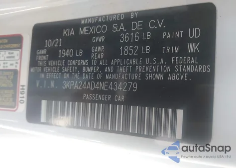 2022 Kia Rio S z USA, uszkodzony, nr VIN 3KPA24AD4NE434279